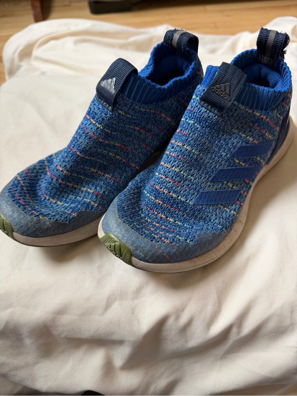 adidas Kids Blue Knit Slip-On Sneakers with Multicolor Speckle